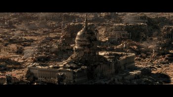 Movie still from “Resident Evil: The Final Chapter” (2016), directed by Paul W.S. Anderson – An aerial view of a destroyed city with a large dome building; Extreme Wide shot, High angle