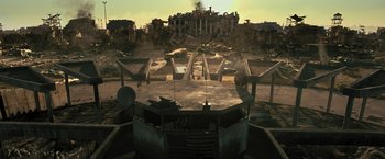 Movie still from “Resident Evil: The Final Chapter” (2016), directed by Paul W.S. Anderson – An abandoned building in the middle of the desert; Extreme Wide shot, High angle