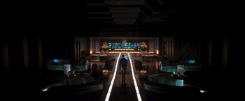 Movie still from “Resident Evil: The Final Chapter” (2016), directed by Paul W.S. Anderson – A man is standing in a room at night; Extreme Wide shot, High angle