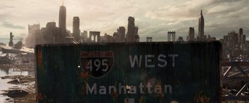 Movie still from “Resident Evil: The Final Chapter” (2016), directed by Paul W.S. Anderson – A view of a city skyline from across the street; Extreme Wide shot, High angle
