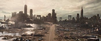 Movie still from “Resident Evil: The Final Chapter” (2016), directed by Paul W.S. Anderson – An image of a city that has been destroyed; Extreme Wide shot, High angle