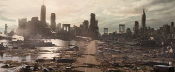 Movie still from “Resident Evil: The Final Chapter” (2016), directed by Paul W.S. Anderson – An image of a city that has been destroyed; Extreme Wide shot, High angle