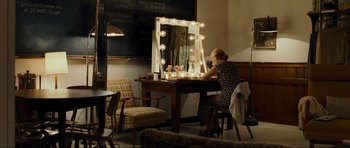 Movie still from “Revolutionary Road” (2008), directed by Sam Mendes – A woman sitting in front of a lighted vanity mirror; Wide shot, Over the shoulder angle