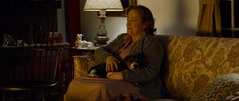 Movie still from “Revolutionary Road” (2008), directed by Sam Mendes – An older woman sitting on a chair holding a dog; Medium shot, Over the shoulder angle