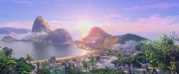 Movie still from “Rio” (2011), directed by Carlos Saldanha – An artist's rendering of a city with a mountain in the background; Extreme Wide shot, High angle