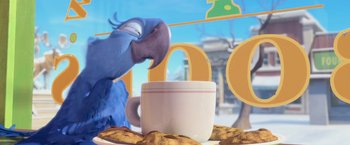 Movie still from “Rio” (2011), directed by Carlos Saldanha – A blue parrot standing next to a cup of coffee; Extreme Close Up shot, High angle