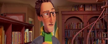 Movie still from “Rio” (2011), directed by Carlos Saldanha – An animated man wearing glasses and a green scarf; Close Up shot, Over the shoulder angle