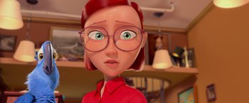 Movie still from “Rio” (2011), directed by Carlos Saldanha – An animated woman wearing glasses and a red shirt; Close Up shot, Over the shoulder angle