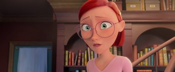 Movie still from “Rio” (2011), directed by Carlos Saldanha – An animated woman wearing glasses and a pink shirt; Close Up shot, Over the shoulder angle