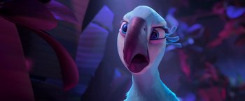 Movie still from “Rio” (2011), directed by Carlos Saldanha – A bird with its beak open; Close Up shot, Over the shoulder angle
