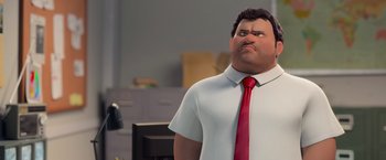 Movie still from “Rio” (2011), directed by Carlos Saldanha – An animated man in a white shirt and a red tie; Close Up shot, Over the shoulder angle