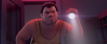 Movie still from “Rio” (2011), directed by Carlos Saldanha – An animated man holding a flashlight in his hand; Close Up shot, Low angle