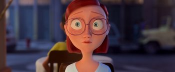 An animated woman wearing glasses looking at the camera