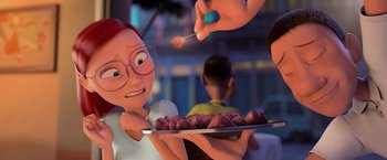 Movie still from “Rio” (2011), directed by Carlos Saldanha – An animated person holding a tray of food; Medium shot, Over the shoulder angle