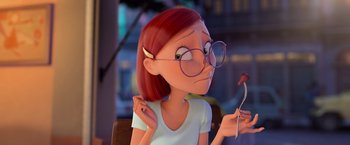 An animated woman with glasses is holding a fork