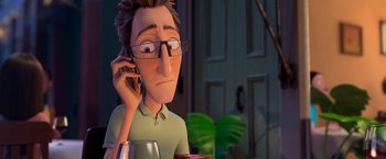 An animated man talking on a cell phone while holding a glass of wine