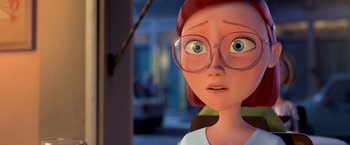 Movie still from “Rio” (2011), directed by Carlos Saldanha – An animated woman wearing glasses and looking at the camera; Close Up shot, Over the shoulder angle