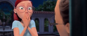 Movie still from “Rio” (2011), directed by Carlos Saldanha – An animated woman in a blue shirt and glasses; Close Up shot, Over the shoulder angle