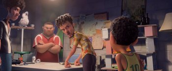 Movie still from “Rio” (2011), directed by Carlos Saldanha – A cartoon of a boy with a mohawk haircut; Medium shot, Over the shoulder angle