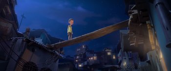 Movie still from “Rio” (2011), directed by Carlos Saldanha – A boy is standing on a wooden bridge; Wide shot, Low angle