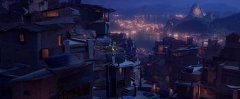 Movie still from “Rio” (2011), directed by Carlos Saldanha – An image of an asian city at night time; Extreme Wide shot, High angle
