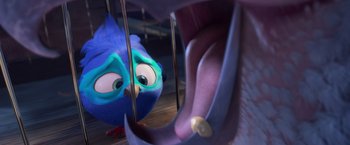 Movie still from “Rio” (2011), directed by Carlos Saldanha – View of a bird in a cage; Extreme Close Up shot, High angle