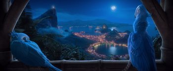 Movie still from “Rio” (2011), directed by Carlos Saldanha – A view of a city at night from a hill; Extreme Wide shot, High angle