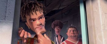 Movie still from “Rio” (2011), directed by Carlos Saldanha – A group of people standing next to each other in a room; Close Up shot, Low angle