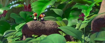 Movie still from “Rio” (2011), directed by Carlos Saldanha – A couple of birds sitting on top of a tree; Extreme Wide shot, High angle