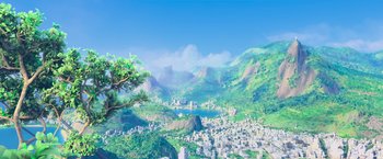 Movie still from “Rio” (2011), directed by Carlos Saldanha – An aerial view of a city with a lake in the middle of it; Extreme Wide shot, Low angle