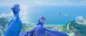 Movie still from “Rio” (2011), directed by Carlos Saldanha – A blue parrot sitting on top of a hill; Wide shot, High angle