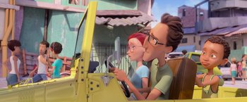Movie still from “Rio” (2011), directed by Carlos Saldanha – A man and a woman driving a yellow car; Close Up shot, Over the shoulder angle