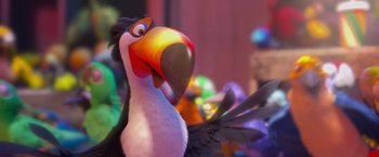 Movie still from “Rio” (2011), directed by Carlos Saldanha – The head and beak of a cartoon bird; Close Up shot, Low angle