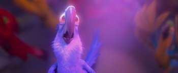 Movie still from “Rio” (2011), directed by Carlos Saldanha – A bird with a purple background and a purple halo around it's head; Extreme Close Up shot, Low angle