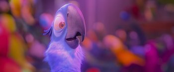 Movie still from “Rio” (2011), directed by Carlos Saldanha – A blue parrot is standing in front of a bunch of flowers; Extreme Close Up shot, Low angle