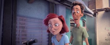 Movie still from “Rio” (2011), directed by Carlos Saldanha – An animated woman and a man standing next to each other; Medium shot, Over the shoulder angle