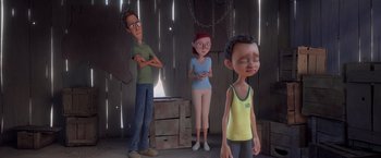 Movie still from “Rio” (2011), directed by Carlos Saldanha – A group of people standing next to each other in a room; Medium shot, Over the shoulder angle