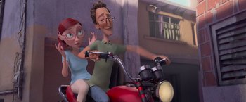 Movie still from “Rio” (2011), directed by Carlos Saldanha – Two people riding a motorcycle in a cartoon; Medium shot, High angle