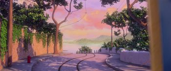 Movie still from “Rio” (2011), directed by Carlos Saldanha – A painting of a street with a view of the ocean; Extreme Wide shot, Low angle