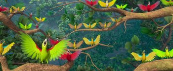 Movie still from “Rio” (2011), directed by Carlos Saldanha – A group of birds sitting on top of a tree branch; Wide shot, Low angle