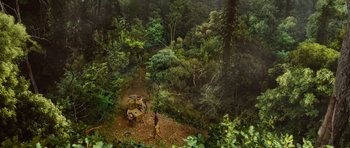 Movie still from “Rise of the Planet of the Apes” (2011), directed by Rupert Wyatt – A group of people standing on top of a dirt road; Extreme Wide shot, High angle