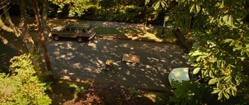 Movie still from “Rise of the Planet of the Apes” (2011), directed by Rupert Wyatt – A man riding a bike down a street next to trees; Extreme Wide shot, High angle
