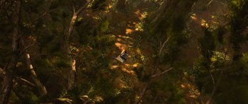 Movie still from “Rise of the Planet of the Apes” (2011), directed by Rupert Wyatt – An aerial view of a car in the middle of a forest; Extreme Wide shot, Overhead angle