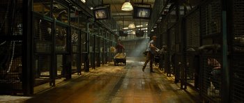 Movie still from “Rise of the Planet of the Apes” (2011), directed by Rupert Wyatt – Two men are walking through a cage filled with animals; Wide shot, Low angle