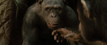 Movie still from “Rise of the Planet of the Apes” (2011), directed by Rupert Wyatt – A chimpanzees face and hand; Close Up shot, High angle