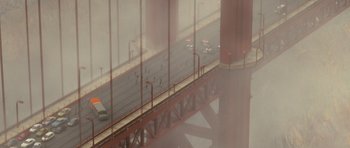 Movie still from “Rise of the Planet of the Apes” (2011), directed by Rupert Wyatt – A view of the golden gate bridge from the top of a bridge; Extreme Wide shot, High angle