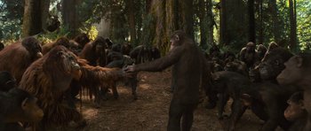Movie still from “Rise of the Planet of the Apes” (2011), directed by Rupert Wyatt – A man that is holding something in his hand; Wide shot, High angle