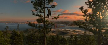 Movie still from “Rise of the Planet of the Apes” (2011), directed by Rupert Wyatt – An artist's rendering of a person climbing a tree in front of the golden gate bridge; Extreme Wide shot, High angle