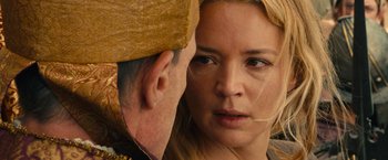 Movie still from “Benedetta” (2021), directed by Paul Verhoeven – A man and a woman looking into each others eyes; Close Up shot, Over the shoulder angle