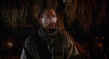 Movie still from “Robin Hood: Prince of Thieves” (1991), directed by Kevin Reynolds – A man with a beard and a scarf is looking at the camera; Close Up shot, Low angle